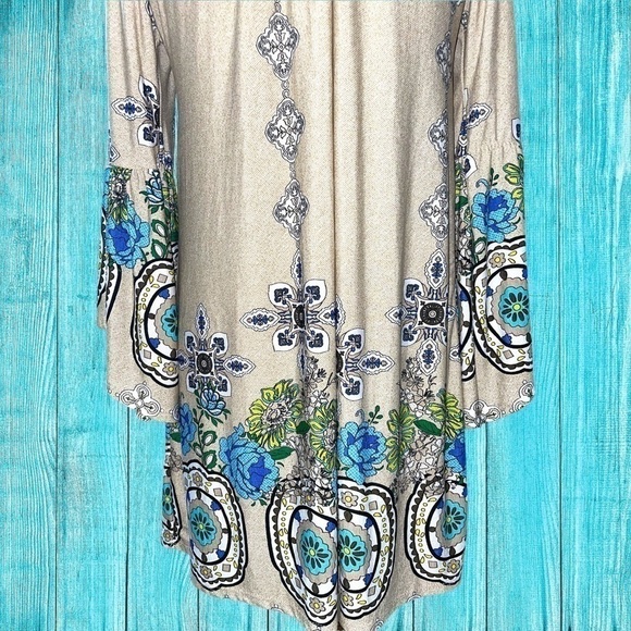 Women’s Small Boho Vintage Floral Off Shoulder Bell Sleeve Mini Dress/Tunic Top - Picture 8 of 11